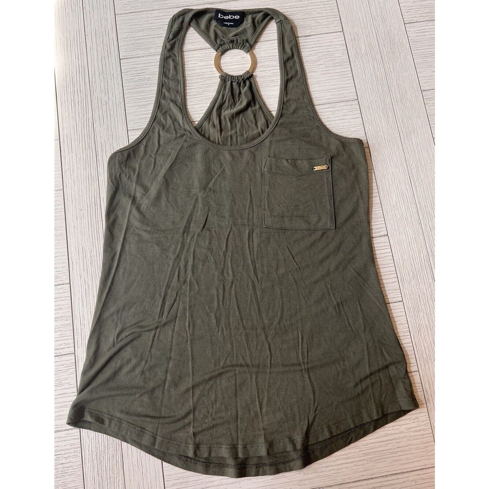 Bebe Army Green Tank With Gold Metal Ring Back And Gold Bebe Plate On Front, Med